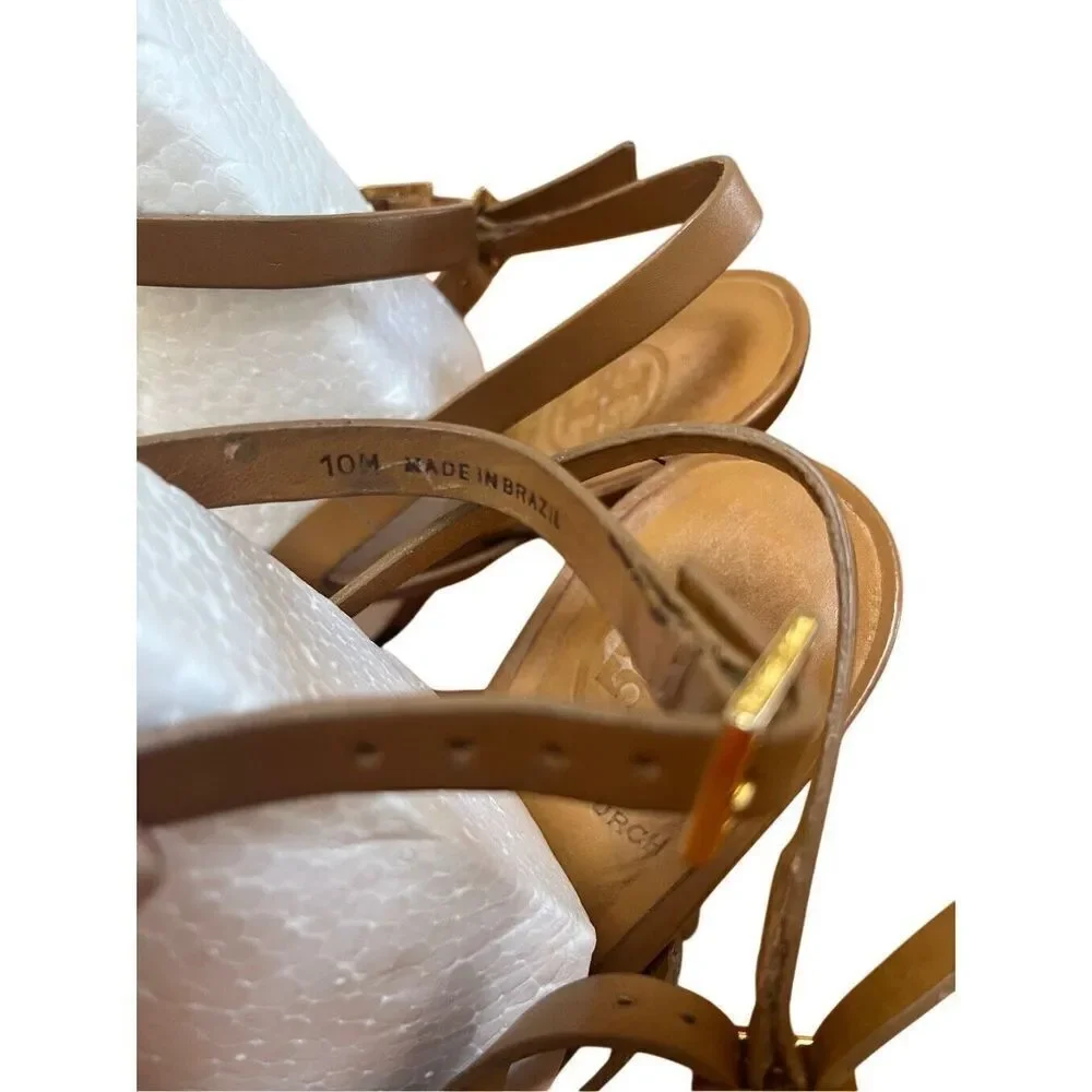 Tory Burch Francesca Camel Leather & Gold Strappy Ankle Stiletto High Heels 10